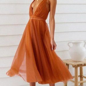 Sexy Plunging Neck Backless Tie-Up Maxi Cocktail party Dress, Size S, Orange